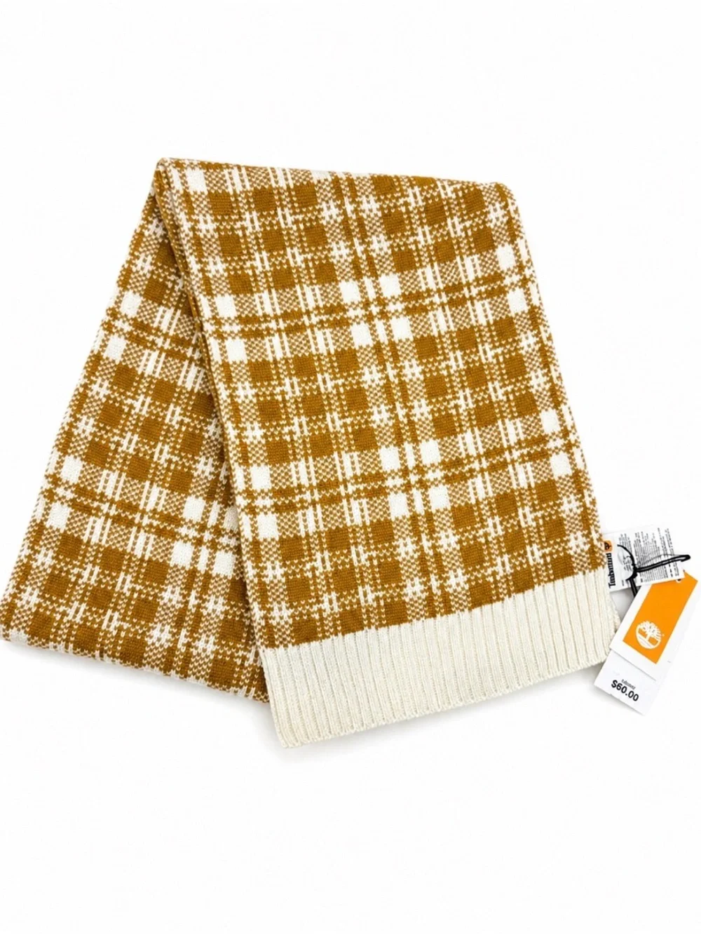 Timberland unisex scarf Plaid Knit Scarf with Ribbed Edge - White & Mustard NEW